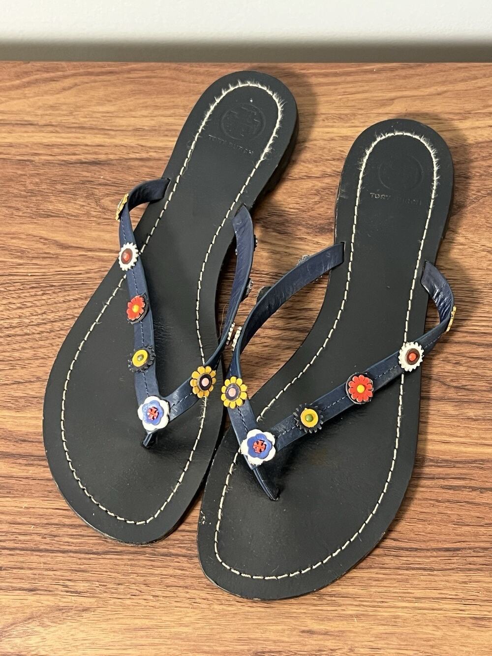 Tory Burch Sandals Womens 11 M Navy Blue Leather Floral Thong Flip Flops Brazil